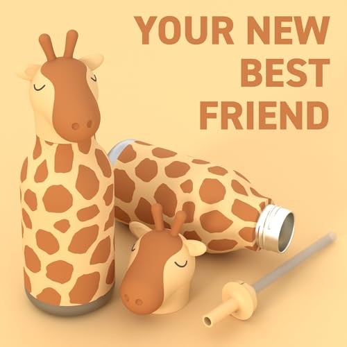 Asobu Kids Bestie Bottles Insulated Stainless Steel Water Bottle with Straw 16oz Brown Giraffe - Image 2
