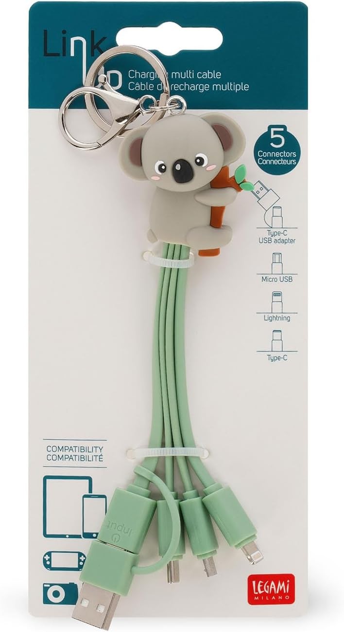 Legami - Koala Theme Multiple Link up Charging Cable with Keyring 4 USB Charging Cables Type-C Micro-USB Lightning Cable with USB Type C Adapter T - Image 3