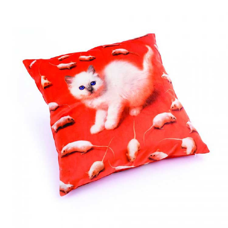 White Kitten Large Graphic Cushion in Red - Image 1