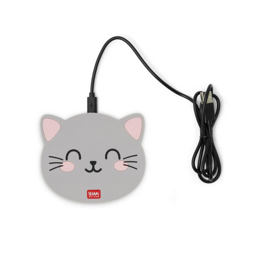 Legami Grey Cat Wireless Smartphone Charger Pad up to 10W. USB/USB-C Cable Included - Image 1