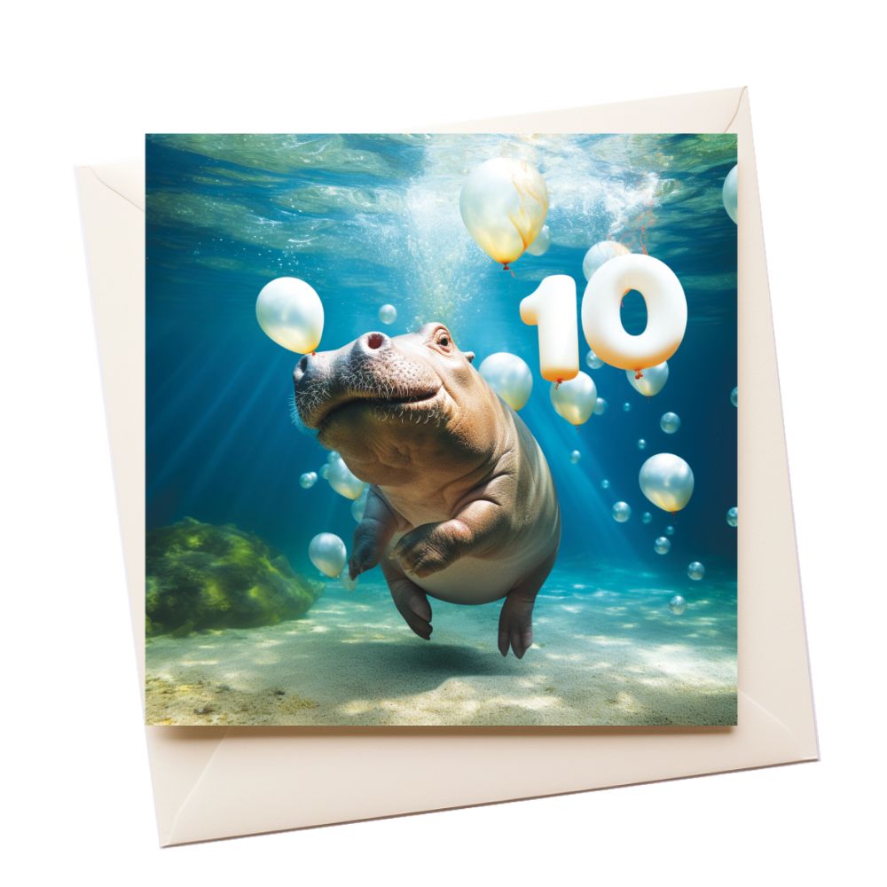10 Hippo Age Birthday Greeting Card