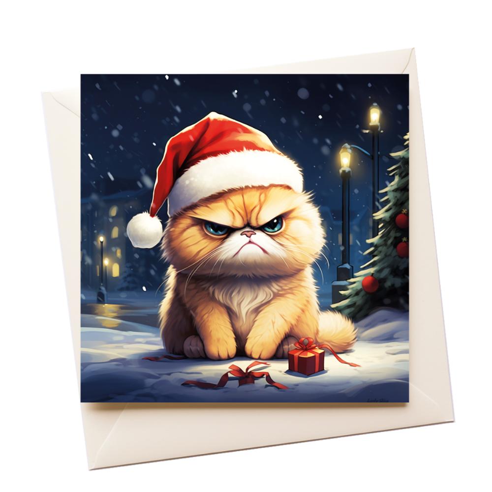 Christmas Graphic Art Grumpy Cat in Hat Greeting Card