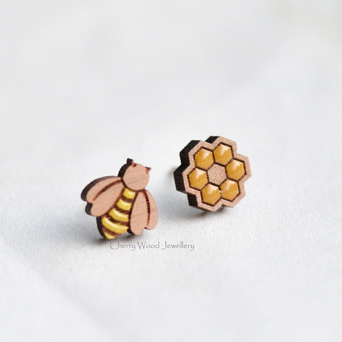 Robin Valley Bee and Hive Stud Earrings - Wooden Jewellery Gift