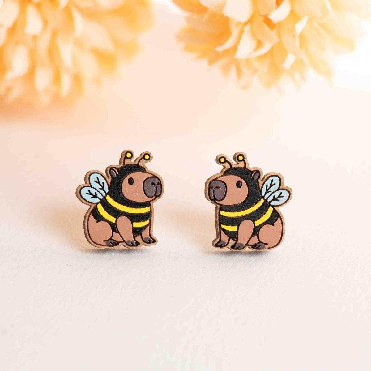 Robin Valley Capybara in Bee Costume Stud Earrings - Wooden Jewellery Gift