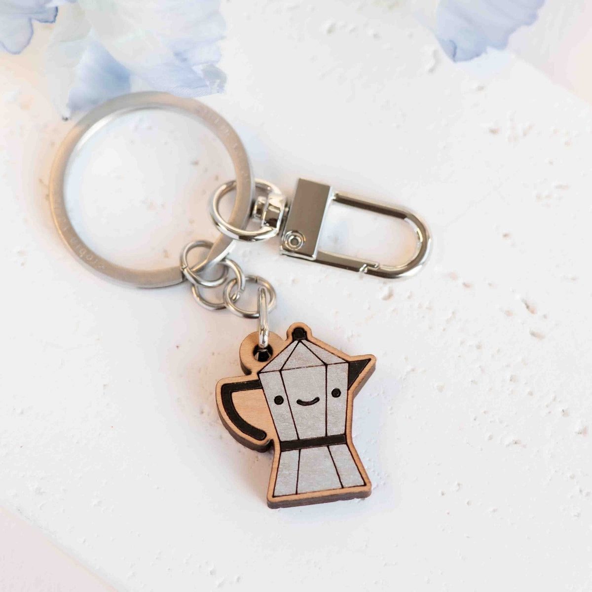 Robin Valley Cute Coffee Kettle Keyring - Wooden Keyring Gift