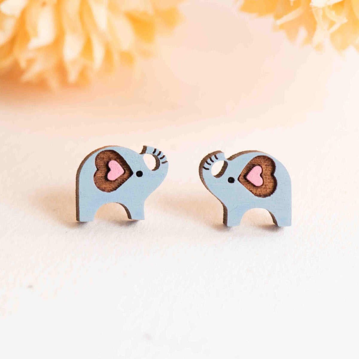Robin Valley Heart Elephant Stud Earrings - Wooden Jewellery Gift