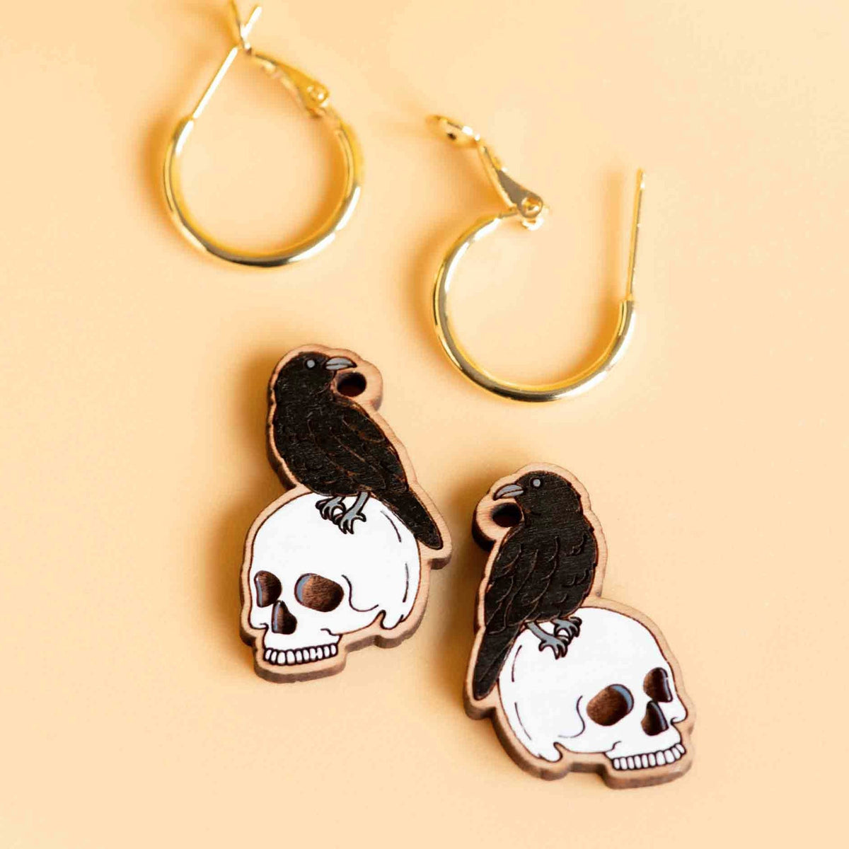 Robin Valley Raven and Skull Hoop Earrings - Wooden Jewellery Gift