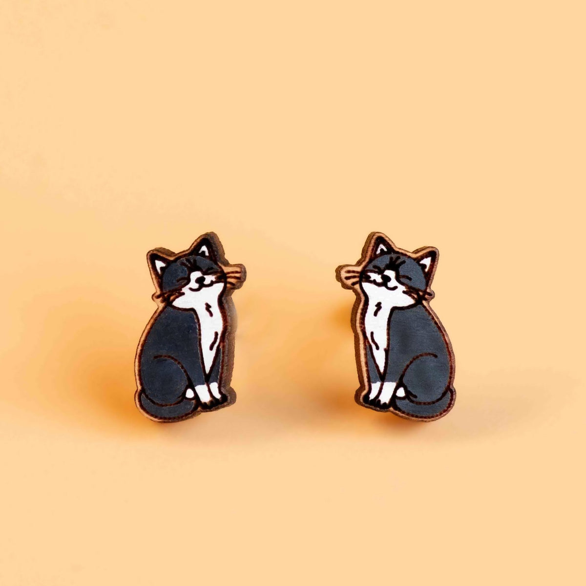 Robin Valley Black and White Cat Stud Earrings - Wooden Jewellery Gift