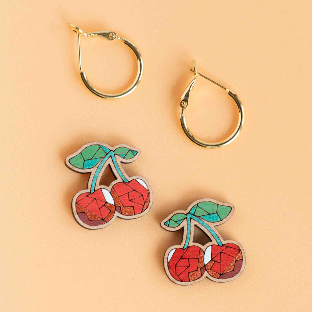 Robin Valley Geometric Cherry Hoop Earrings - Wooden Jewellery Gift