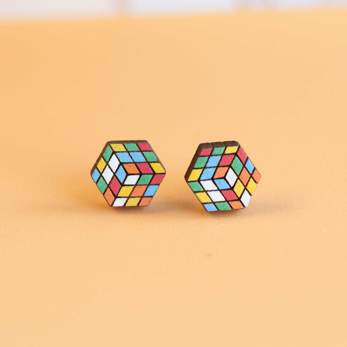Robin Valley Rubik's Cube Stud Earrings - Wooden Jewellery Gift