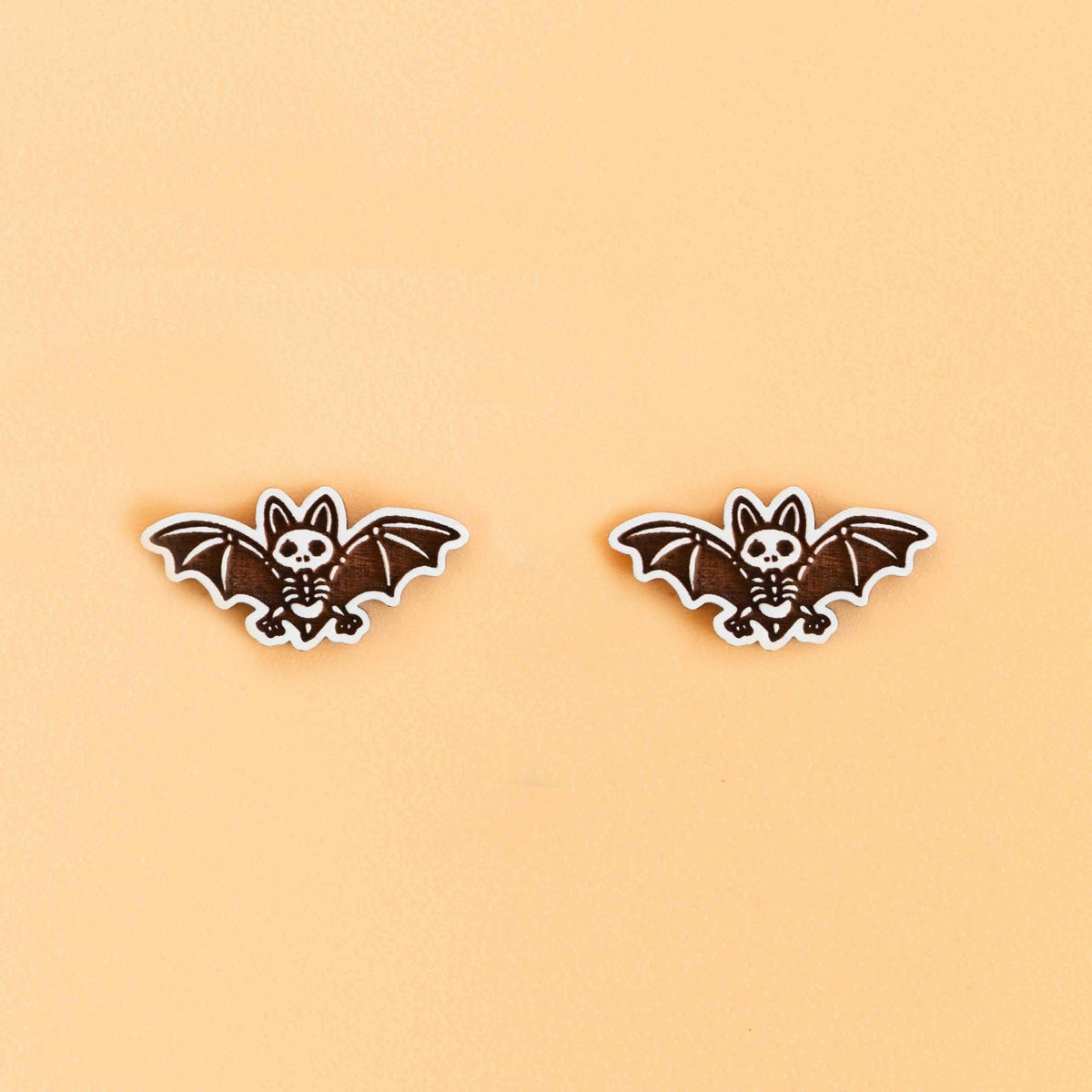 Robin Valley Skeleton Bat Stud Earrings - Wooden Jewellery Gift