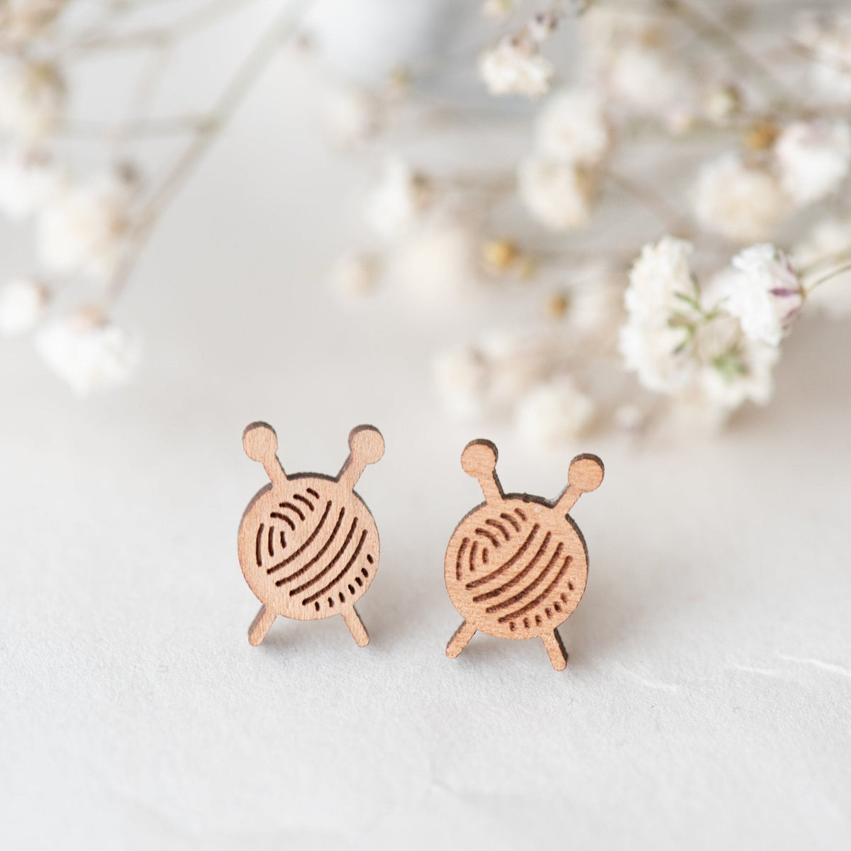Robin Valley Knitting Needle and Yarn Stud Earrings - Wooden Jewellery Gift