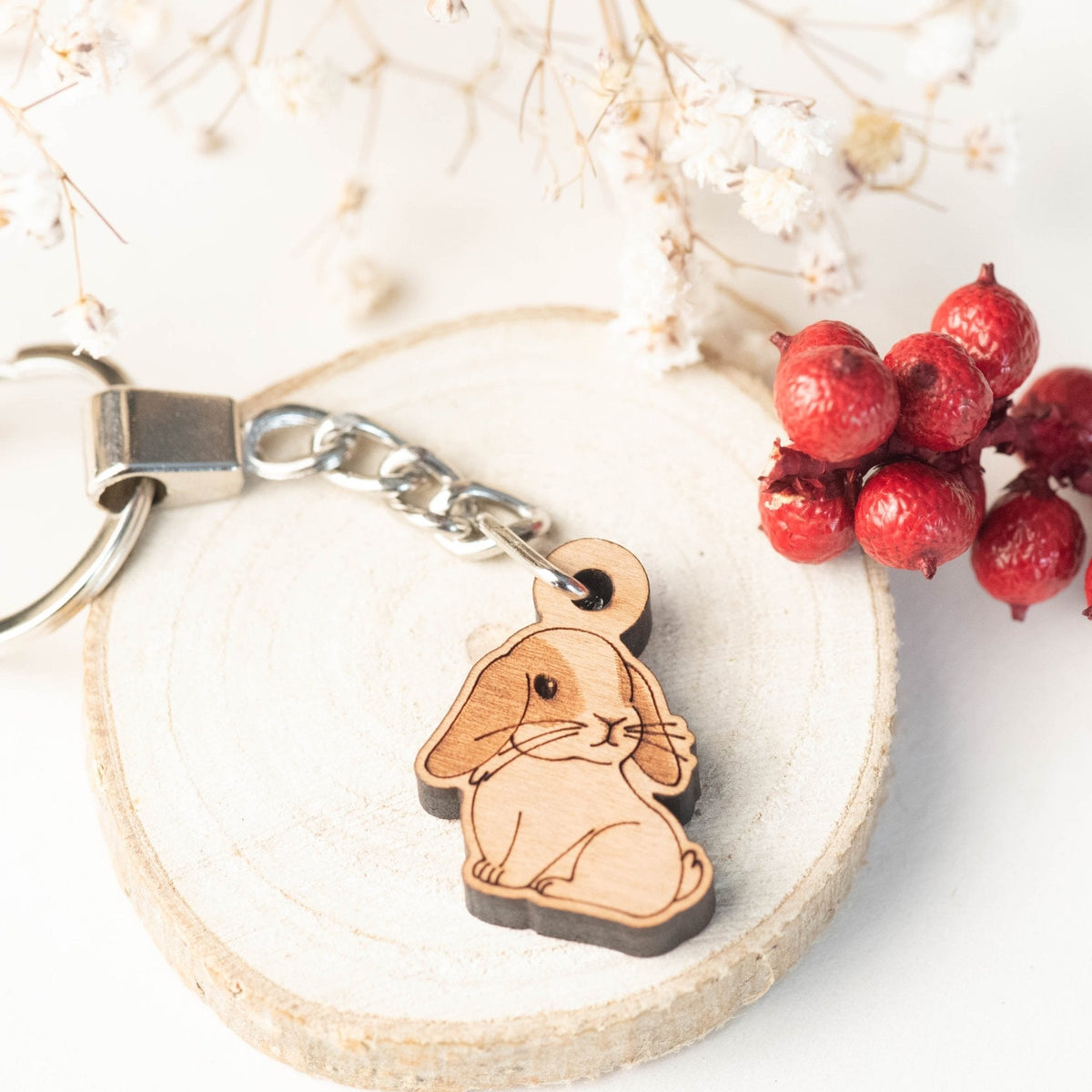 Robin Valley Lop Ear Rabbit Keyring - Wooden Keyring Gift