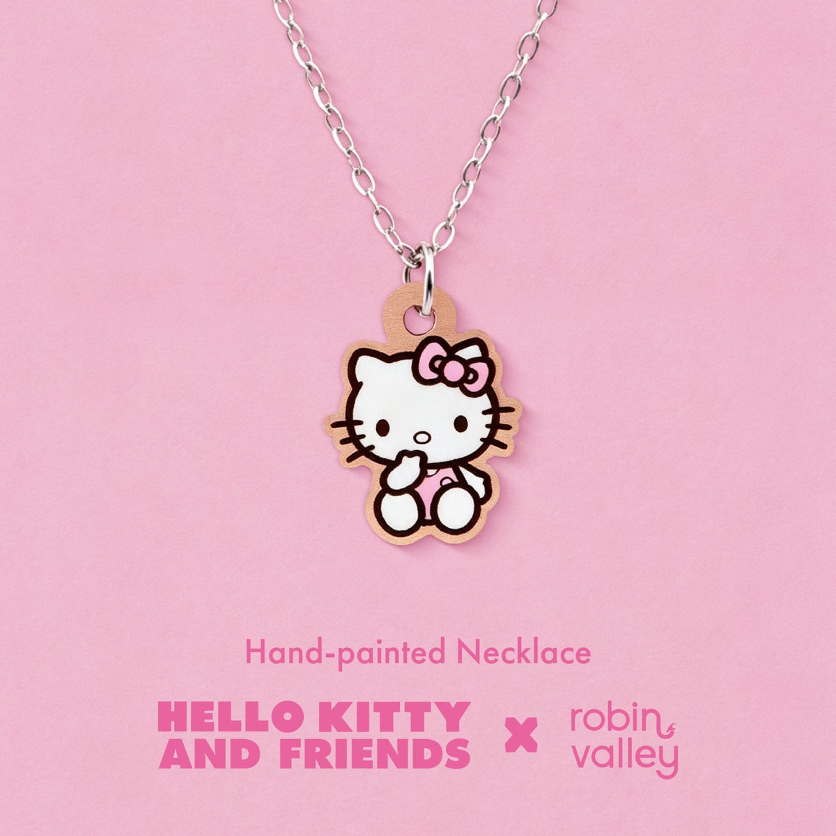 Robin Valley Officially Licensed Pink Sitting Hello Kitty Necklace - Wooden Jewellery Gift