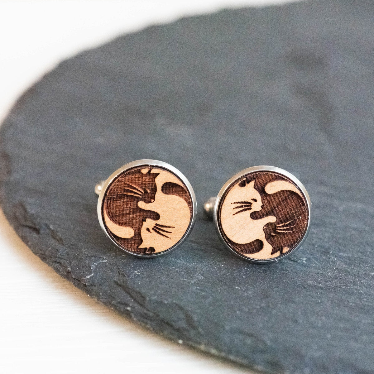 Robin Valley Yin Yang Cat Cufflinks - Wooden Gift for Him