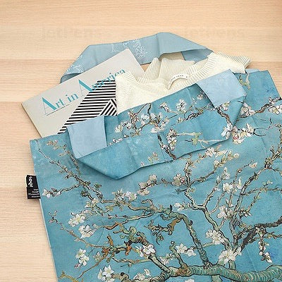 Foldable Tote bag with 'Almond Blossom' botanical artwork by Vincent Van Gogh in blue