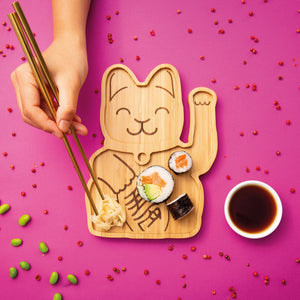 Bamboo Plate Snack Lunch Dish Lucky Cat Shape