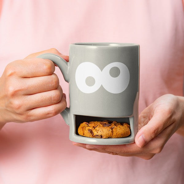 Mug with biscuit holder slot monster cookie in grey