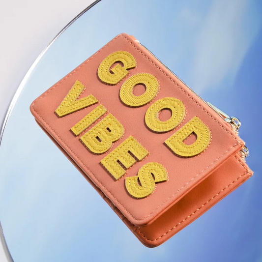 Card Holder Purse 'Good Vibes' Orange Yellow Faux Leather Estella Bartlett