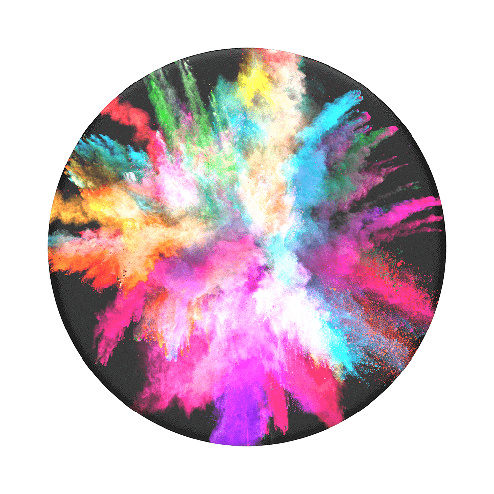 Mobile accessory expanding hand-grip and stand Popsocket in bursting streams of colour on black