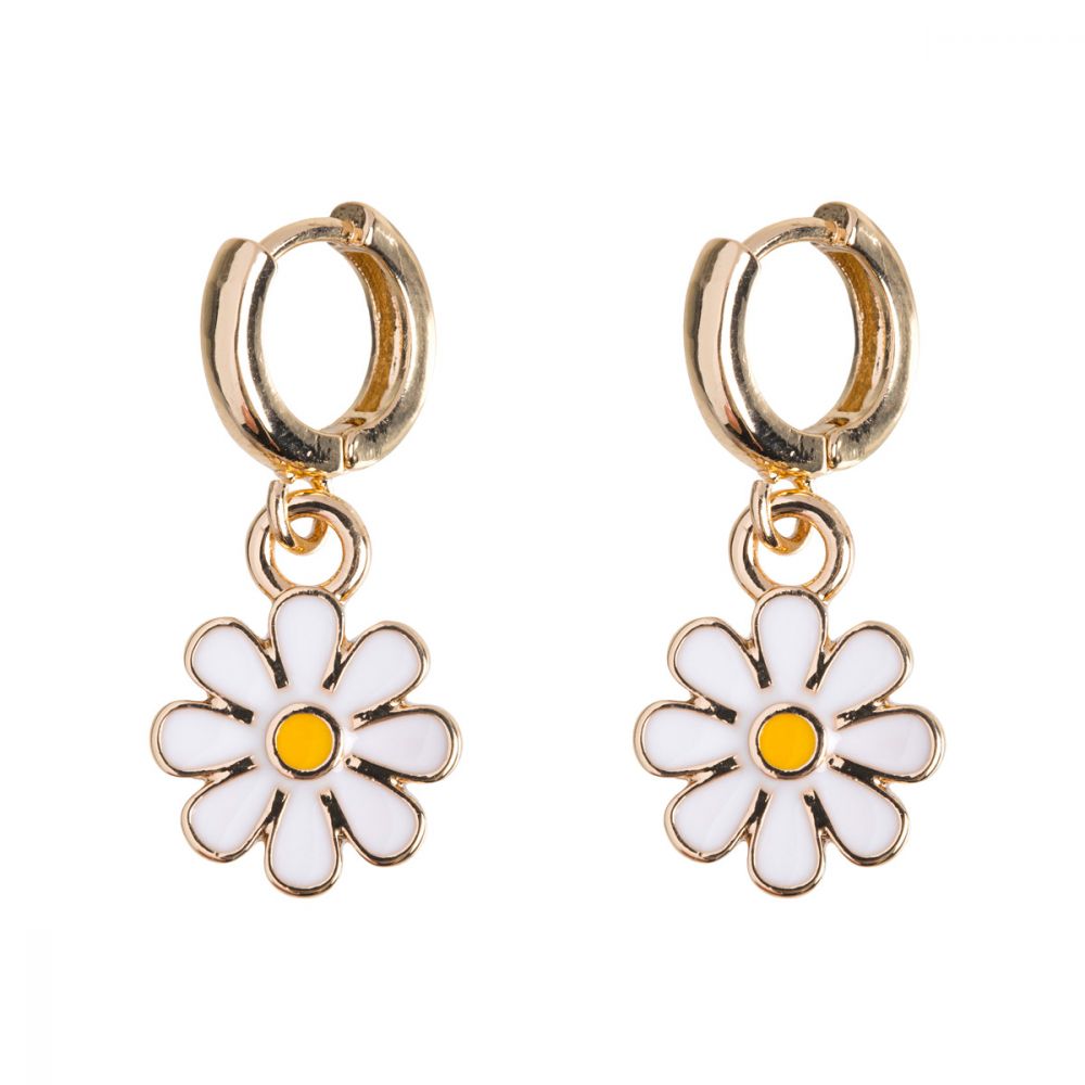 Enamel Daisy Flower Hoops Gold Plated White