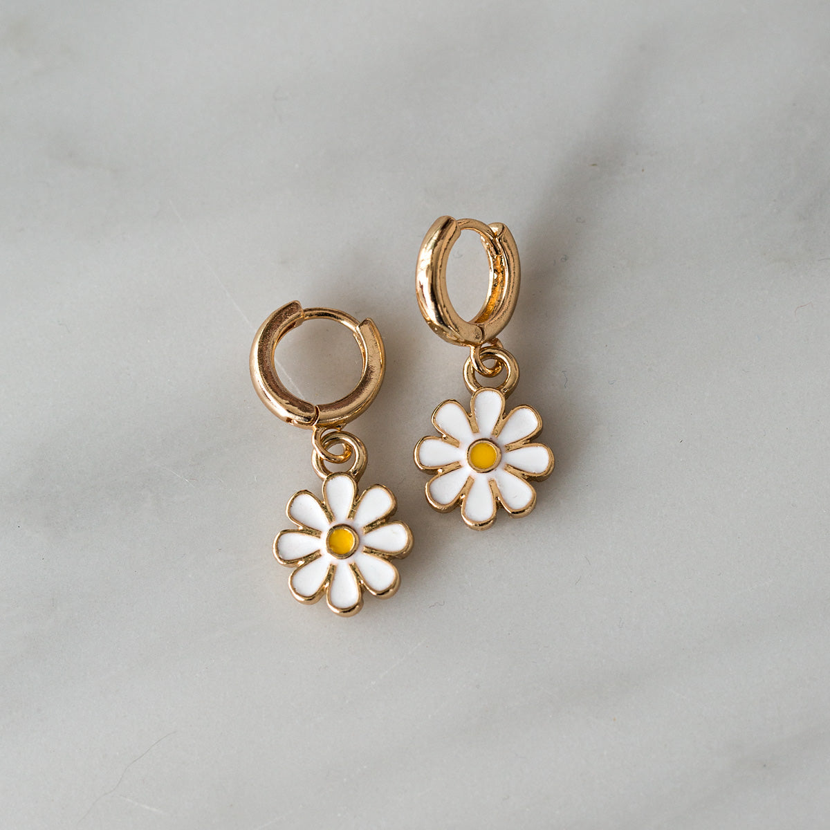 Enamel Daisy Flower Hoops Gold Plated White