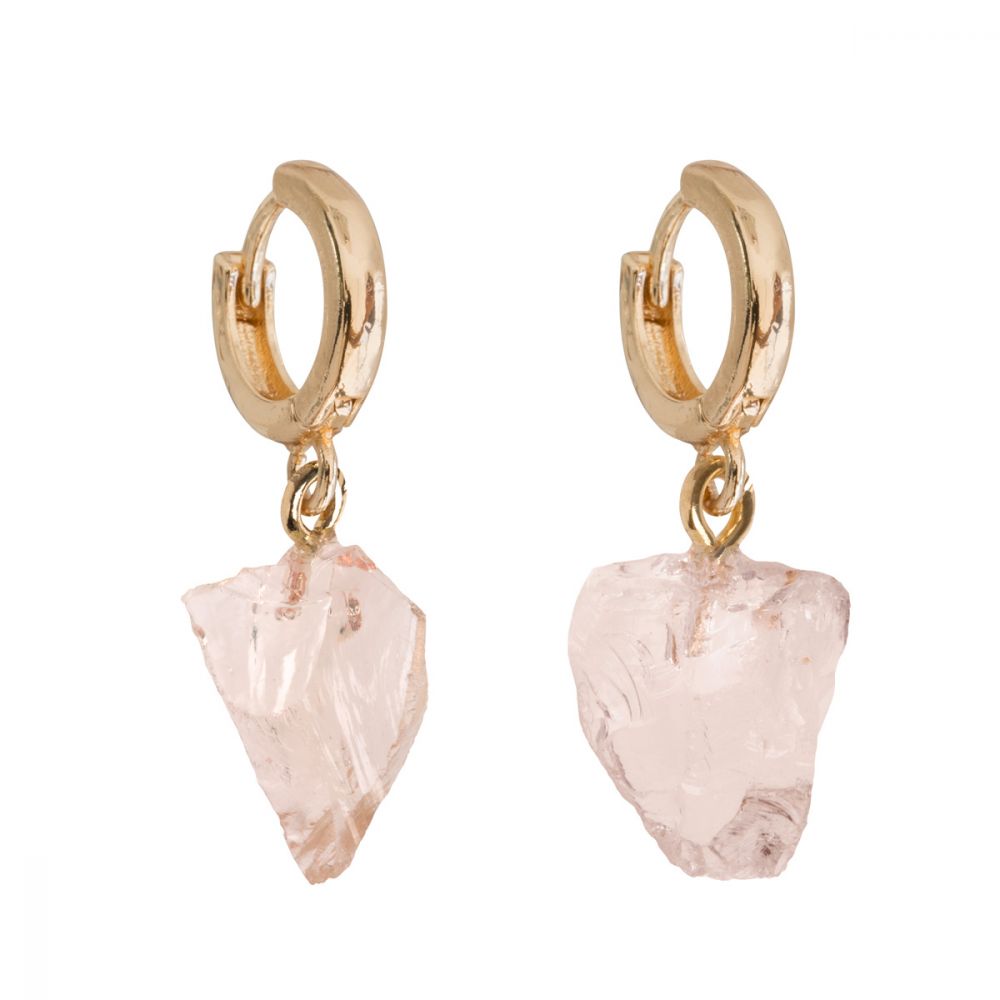 Hoops Earrings Gold Rose Quarz Crystal Semi Precious Stone Pink