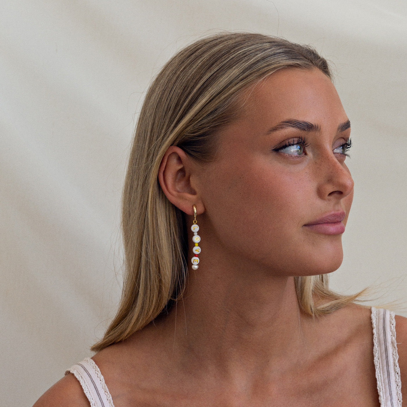 Drop Earrings Hoop LOVE Beaded Gold Plated Freshwater Pearls