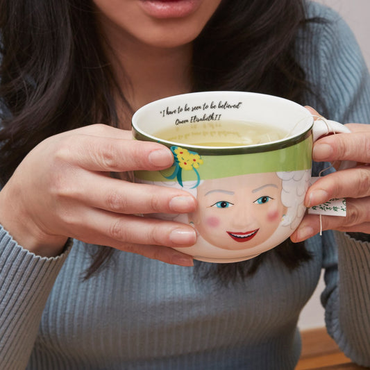 Queen Elizabeth II Mug England HRH in White Green Pink Red