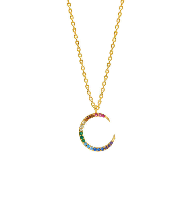 Necklace Rainbow Moon CZ Multi Coloured Gold Plated
