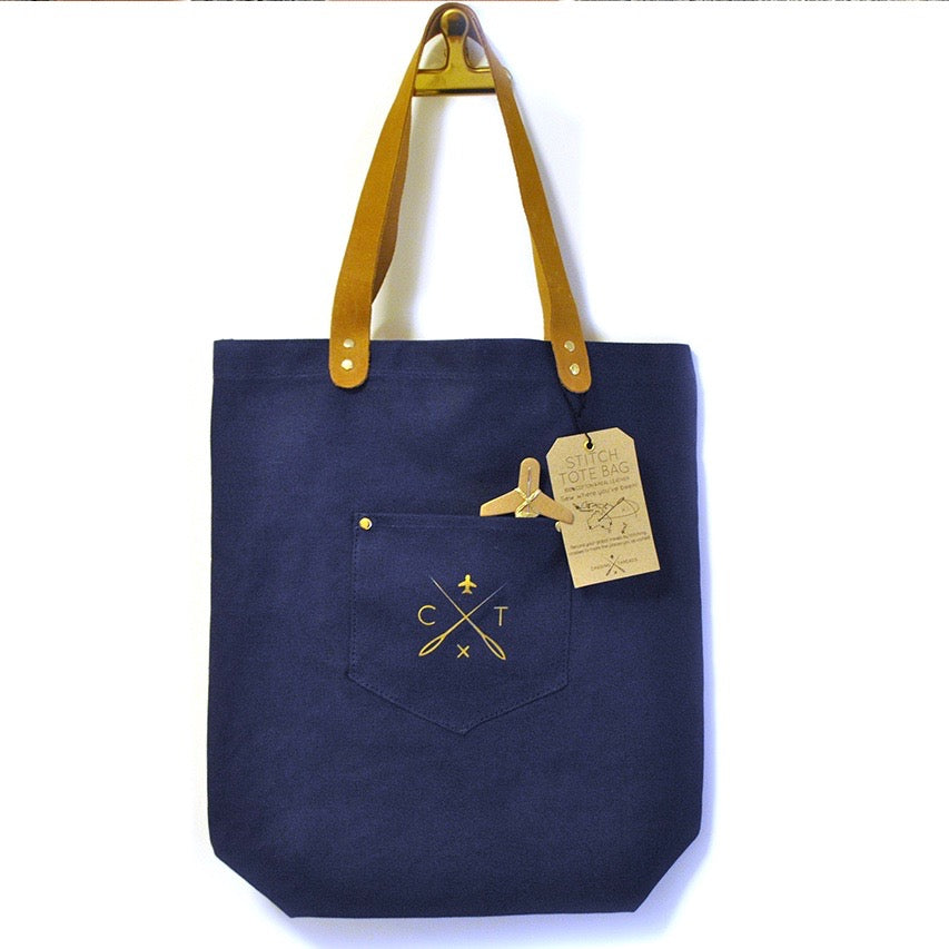 Customisable stitch canvas tote bag with genuine leather handles in navy
