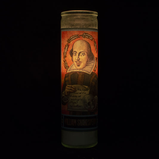 Tall votive candle with secular Saint 'William Shakespeare'