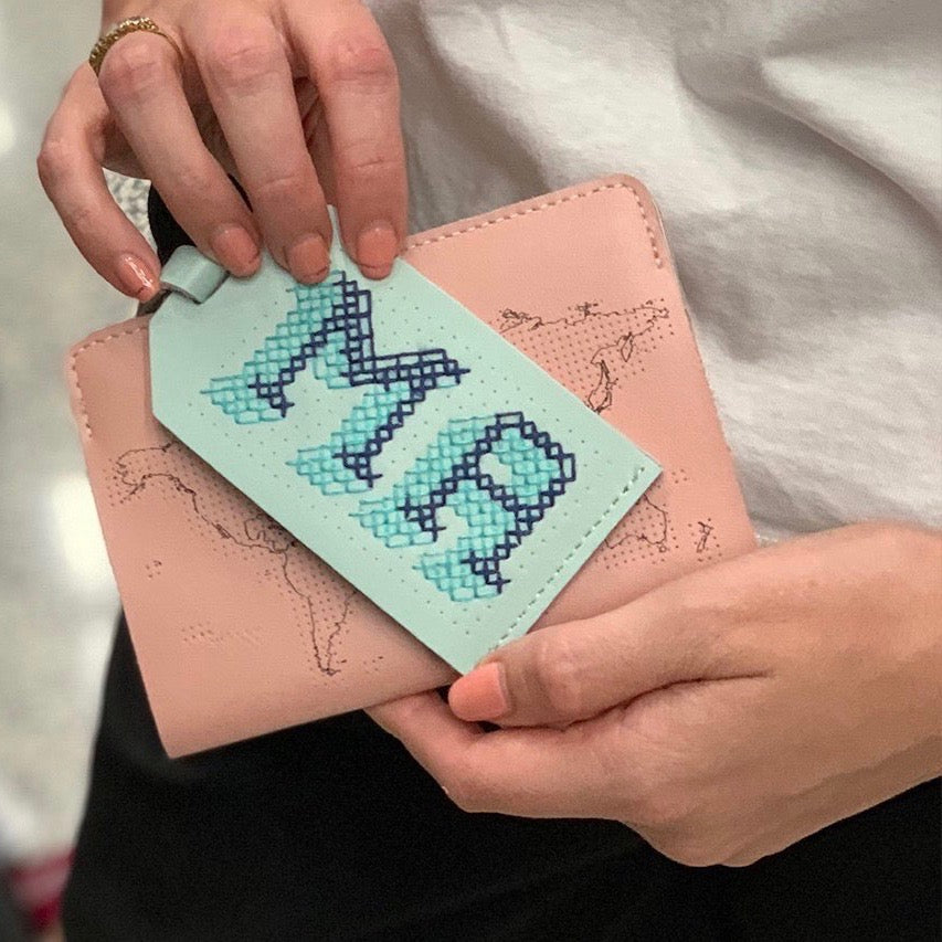 Customisable stitch travel luggage tag real leather in mint