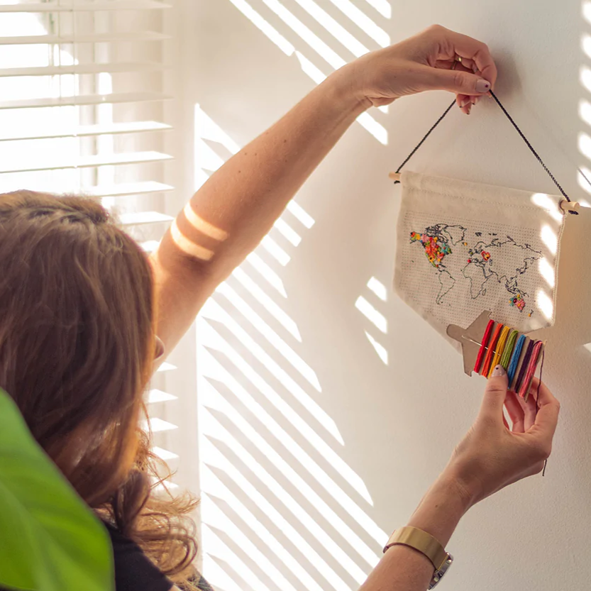 World Map Travels Stitch Hanging Wall Banner DIY Kit