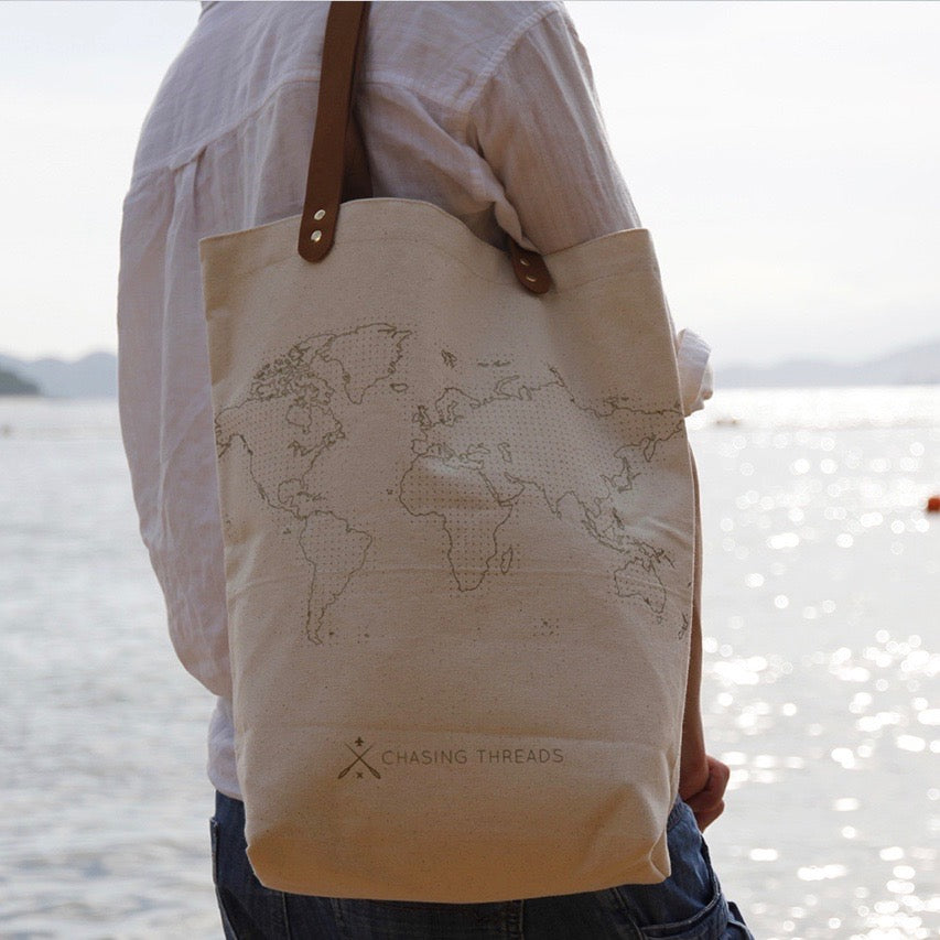 Customisable stitch canvas tote bag with genuine leather handles in cream