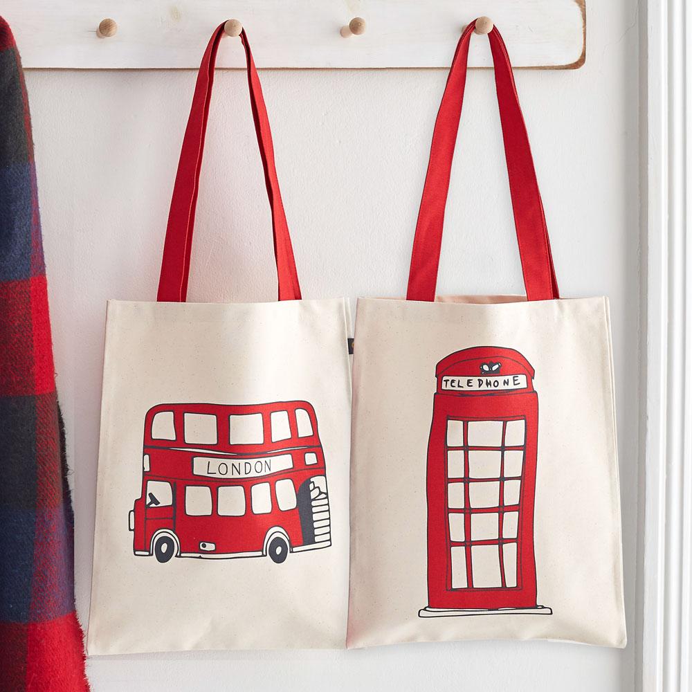 Canvas bag with Telephone box and Red Bus souvenir gift in cream