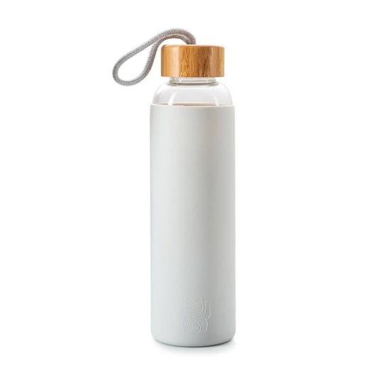 Drinking Bottle Glass with Sleeve and Lucky Cat Image in Grey