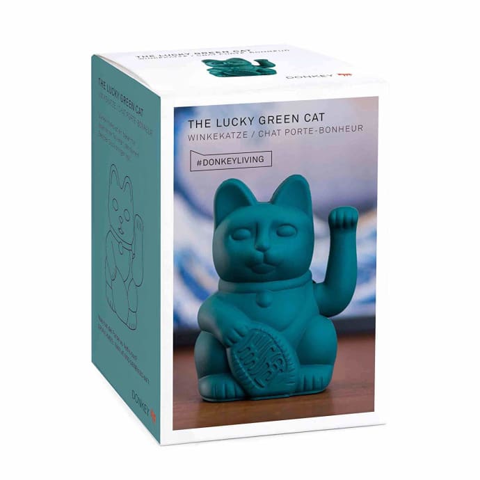 Lucky Cat Waving Arm 'Maneki-Neko' Good Fortune Turquoise Green