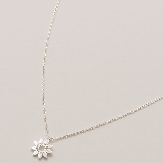 Necklace Flower Charm with Cubic Zirconia Silver Plated