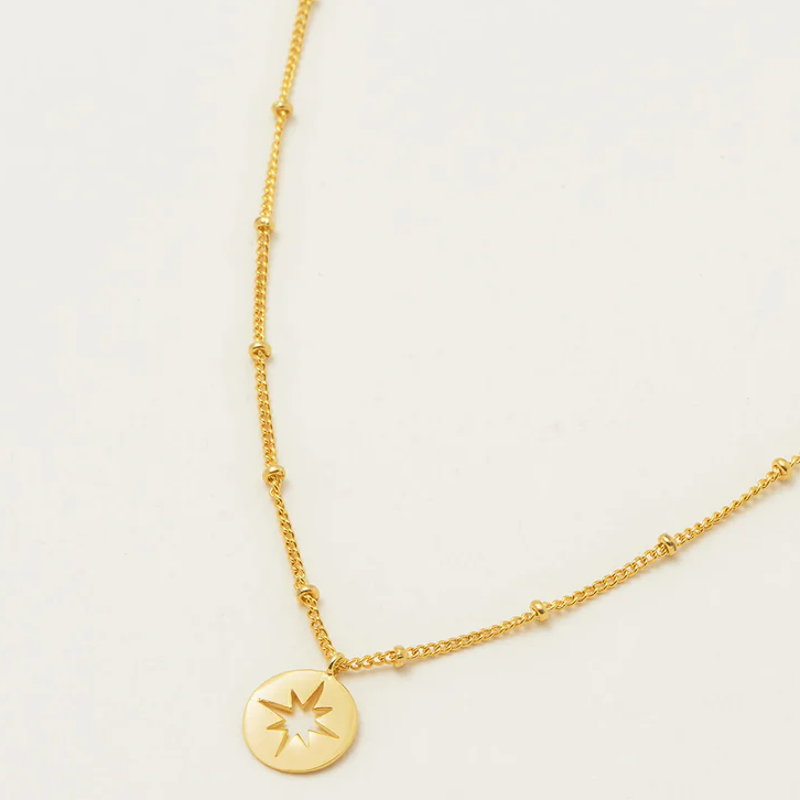 Charm Necklace Starburst Disk Gold Plated