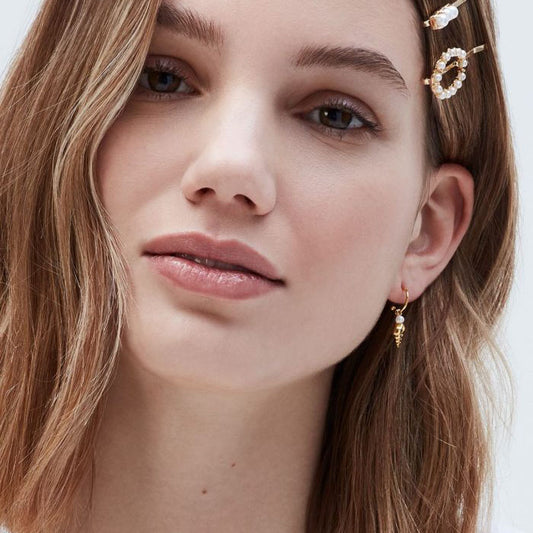 Mini Hoop Drop Earrings Shell and Pearl - Gold Plated