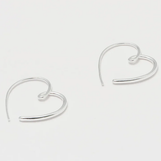Heart Hoop Earrings Statement Hand-Drawn Silver Plated