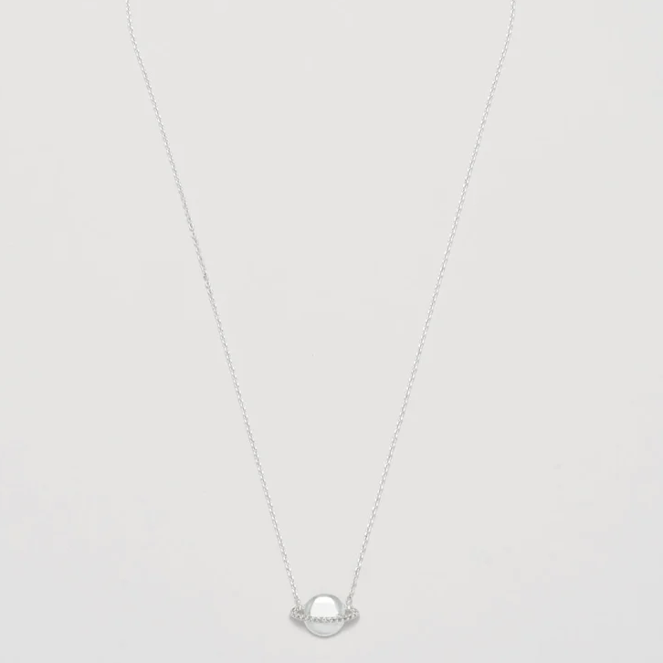 Necklace Saturn Planet Silver Charm Cubic Zirconia