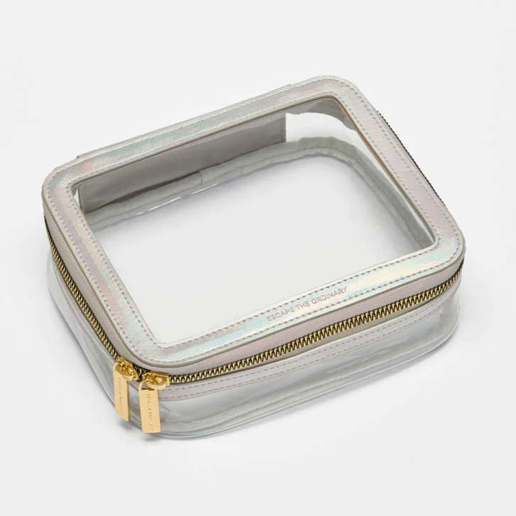 Clear Travel Case Cosmetics Iridescent Embossed 'Adventure Awaits'