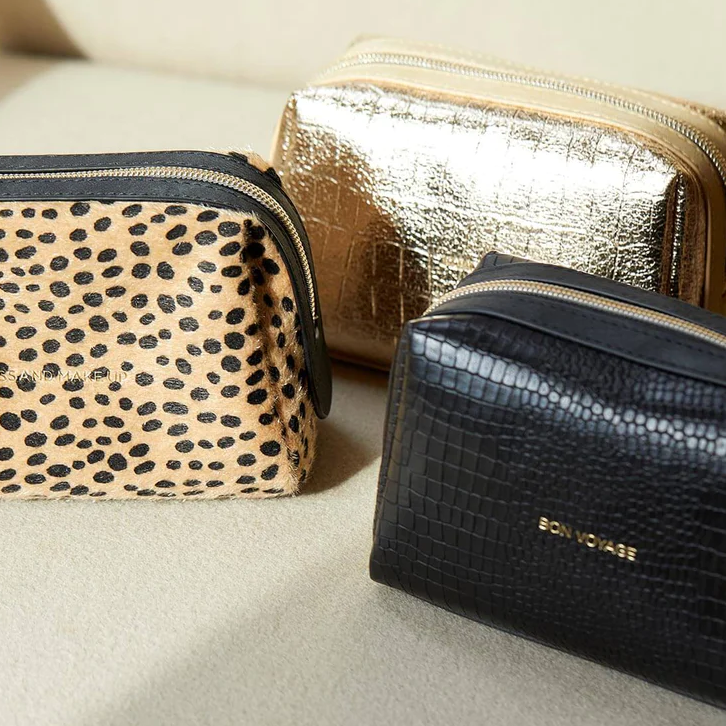 Makeup Bag Black Crocodile Vegan Leather Gold 'Bon Voyage'