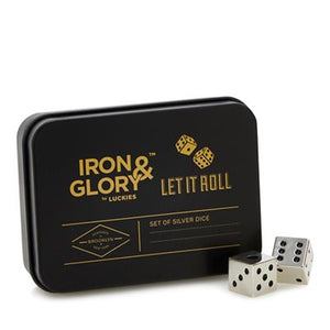 Dice Set of Two 'Let it roll' Iron and Glory Silver