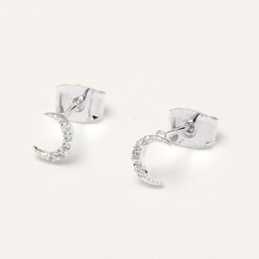 Earrings Pave Set White Cubic Zirconia Moon Silver Plated