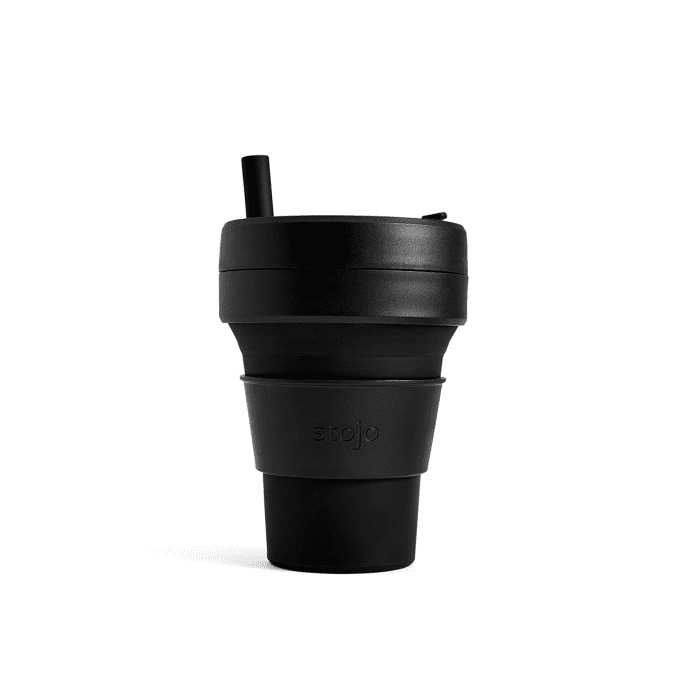 Stojo collapsible cup travel mug 16oz with straw in black