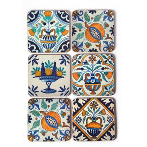 Coasters Set of 6 Delft Tile Fruit Flowers in Orange Blue Green White