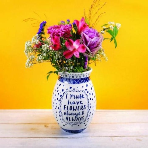 Vase Monet Quote Ceramic Blue 'I Must Have Flowers'